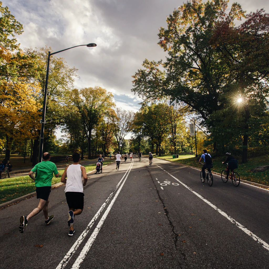Coureurs et cyclistes dans un parc ensoleillé